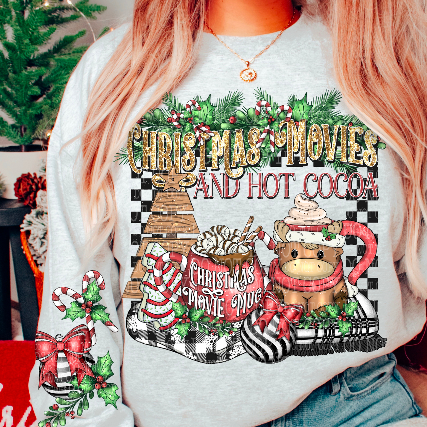 Christmas Movies and Hot Cocoa plus Sleeve DTF Print