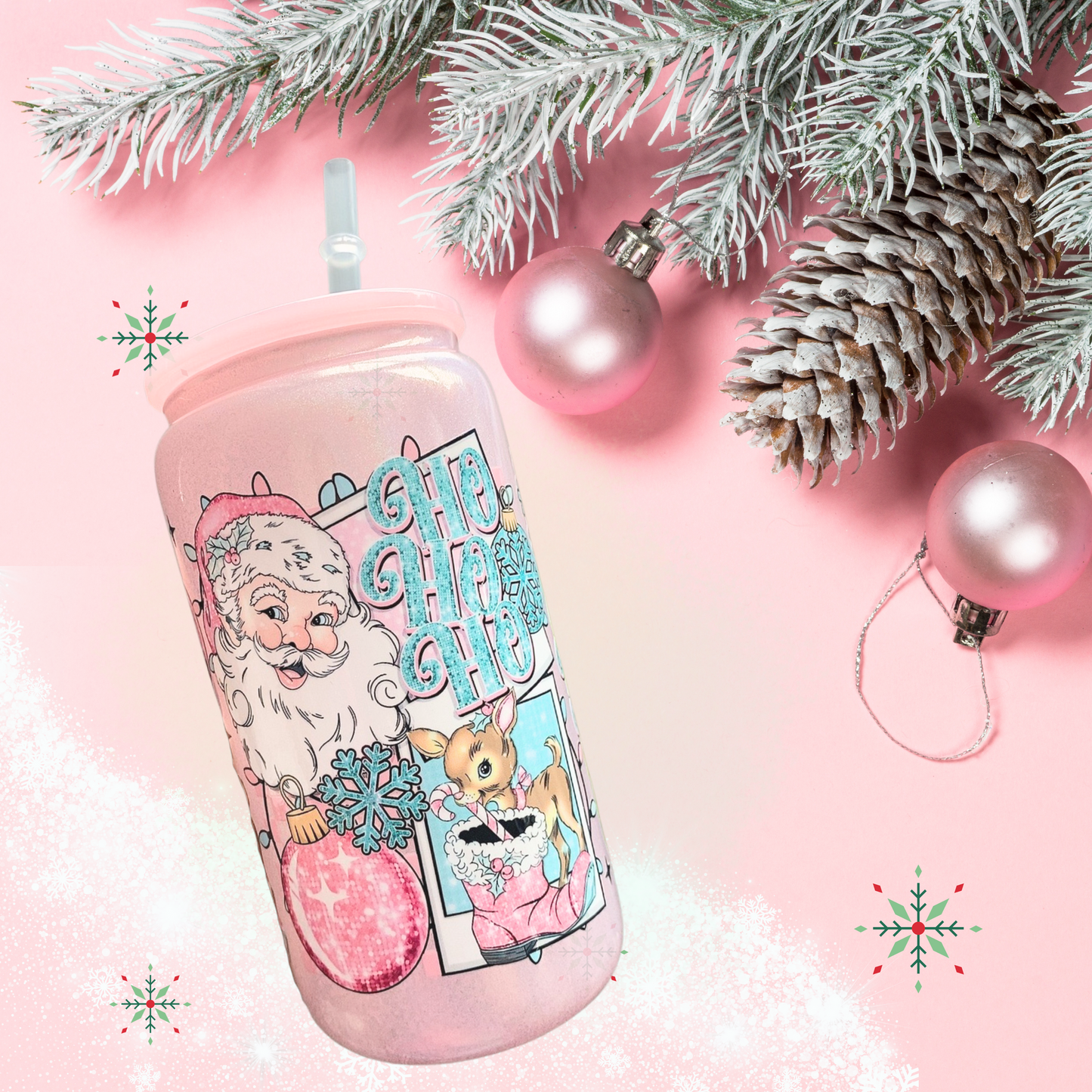 Pink Santa 16oz Holographic Glass Can